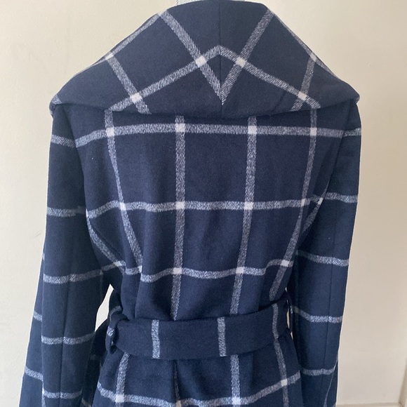 ANN TAYLOR 💙NAVY BLUE & WHITE🤍 WINDOWPANE PATTERN WOOL WRAP COAT SIZE L🌟NWT🌟 - Picture 13 of 17
